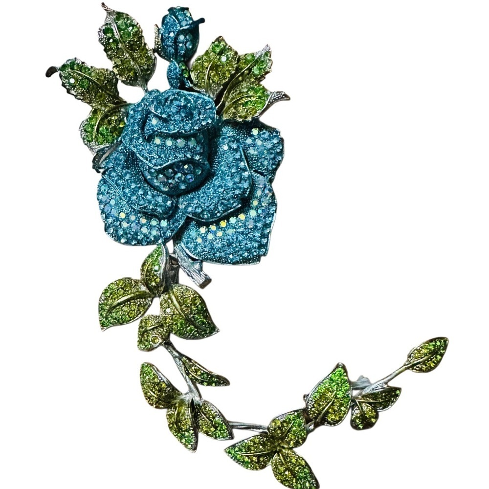 CRYSTAL BROACH Movable Elegant Green and Blue Floral ROSES Brooch gorgeous 9” 3”